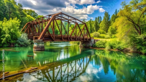 Old, worn, and rusty metal bridge slowly collapsing into the river below, surrounded by lush green vegetation and calm waters on a serene day.