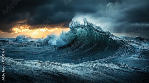 panoramic view of rolling waves and a dark, stormy sky, capturing the vast scale of the sea storm and the tumultuous sea conditions.