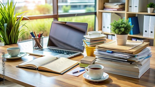 Organized desk with laptop, notebooks, and scattered documents, highlighting a busy and focused research process with piles of paperwork and office supplies nearby.