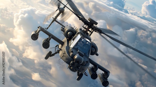 Modern military helicopter AH 64 apache bristling with armaments missiles radar and sensors