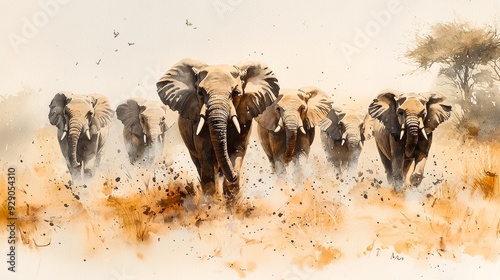 Watercolor elephant herd walking through a dusty savannah, with soft, muted tones.