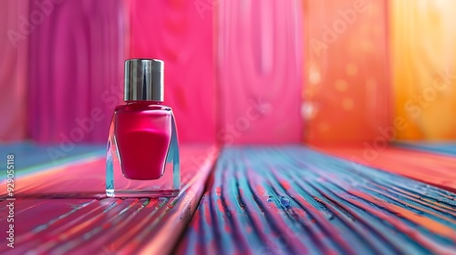 Nail polish bottle on a solid wood floor with colorful background