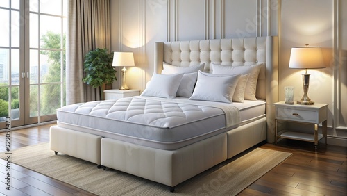 Plush, white, hotel-style mattress with a subtle sheen, adorned with crisp, snow-white linens and a few strategically placed pillows, inviting a restful slumber.