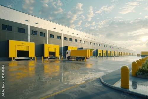 A large warehouse loading dock with yellow bay doors, a truck being loaded, and the reflecting wet pavement under a partly cloudy sky.