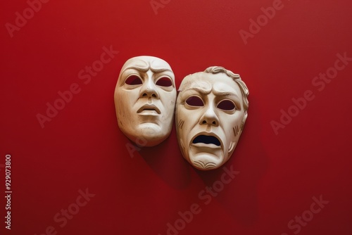 Two theatrical masks with deeply expressive faces against a bright red backdrop, symbolizing drama and emotion.