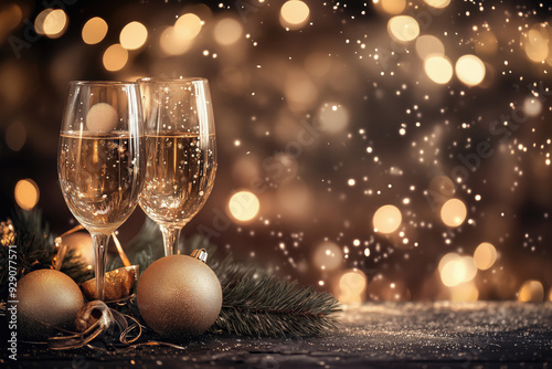 Champagne glasses with Christmas decorations and golden lights, creating a cozy holiday atmosphere