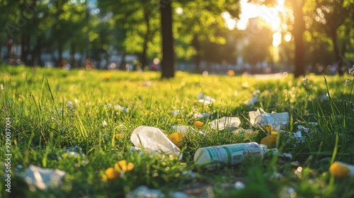 Trash is strewn across the grass in a park, illuminated by the fading sunlight of the evening