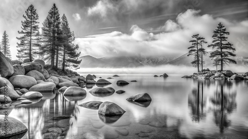 Serene black and white landscape of Lake Tahoe's tranquil shoreline, with majestic pine trees and rugged boulders contrasting against the misty morning fog.