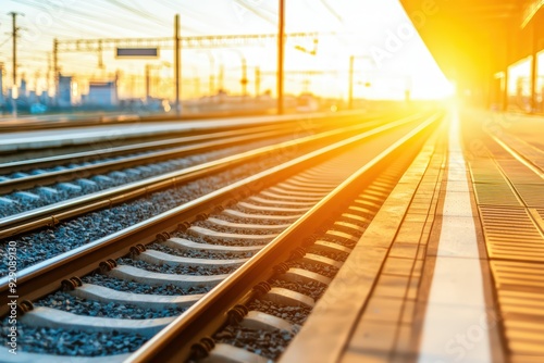 Golden hour lights up railway tracks, showcasing the beauty of travel and journey. A perfect image for transportation themes.