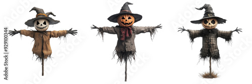 Halloween scarecrow pumpkin pack featuring a chilling, haunted look, isolated on a transparent background. 