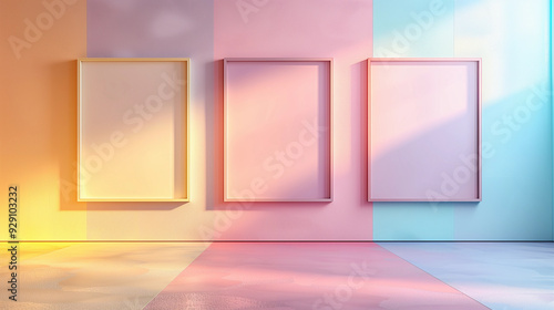 Three vertically empty square frames on a pastel multicolored wall 