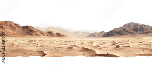 A vast desert landscape with rolling sand dunes and distant mountains, isolated on white background, transparent background.