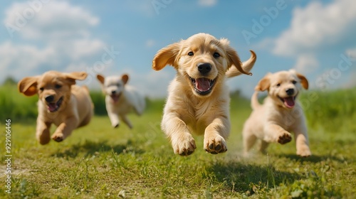 A vibrant and energetic scene of a group of playful Golden Retriever puppies chasing after a ball in a lush open field with a bright cloudless sky as the backdrop