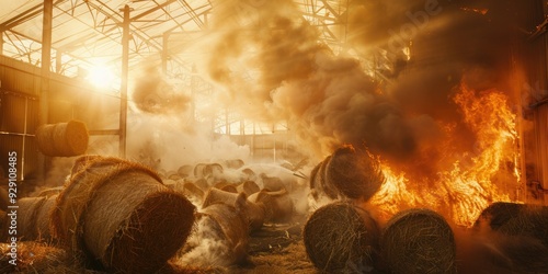 Fire Ravaged the aftermath of a catastrophic blaze ignited by spontaneous combustion of Linseedflax bales in a rural storage structure