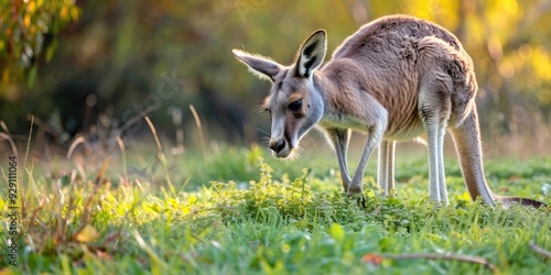 A sizable male grey kangaroo grazing on vegetation