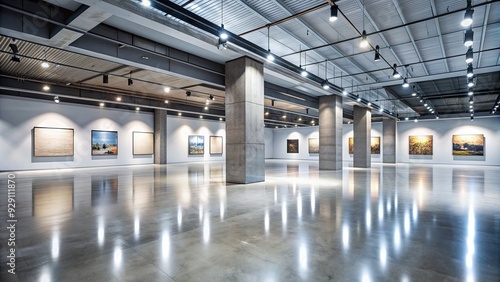 Sleek modern exhibition hall with polished concrete floors, minimalist lighting, and vast open space perfect for showcasing products, art, or innovative designs.