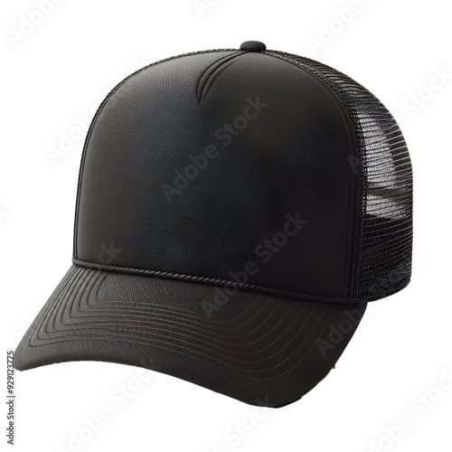 CUTOUT Blank black trucker hat mockup, front view isolated on transparent background