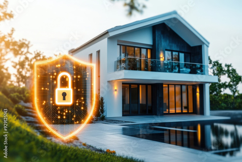 Glowing padlock and shield are superimposed over a modern smart home, representing a secure and protected residence