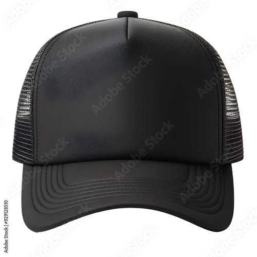 CUTOUT Blank black trucker hat mockup, front view isolated on transparent background