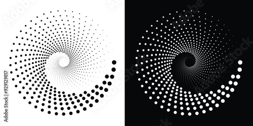 Spiral halftone dots circle. White vortex dotted. Trendy design elements for border frame, logo, blackout, symbol, web, prints, posters, template, pattern and abstract background