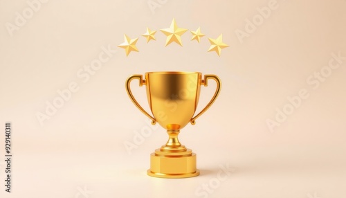 stylish vector of a gold trophy with a halo of five bright stars placed on a soft pastel background illustrating triumph and success