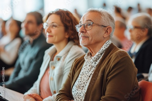 Active Senior Couple Attending Engaging Community Lecture with Bright Expressions, Wide-Angle Shot