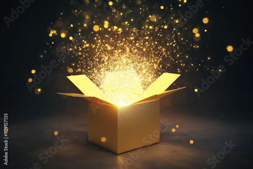 A magical box opens, releasing golden rays and shimmering sparks into the enchanting night