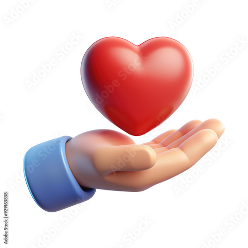 3D hand holding a red heart symbol, representing love, care, and kindness. Suitable for health, charity, and support-related concepts. Isolated on transparent background, png.