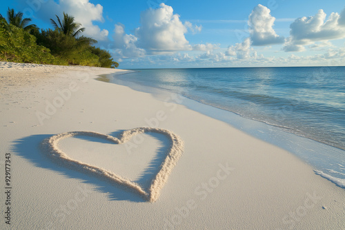 romantic picture heart with space for text drawn on white sand on exotic beach with clear turquoise ocean for valentines day or wedding, generative AI