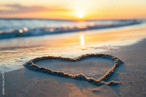 romantic picture of heart with space for text drawn on white sand on exotic beach with clear turquoise ocean on sunset for valentines day or wedding, generative AI