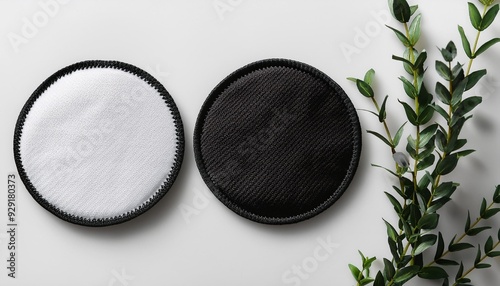 Blank black and white round embroidered patch mockup, top view