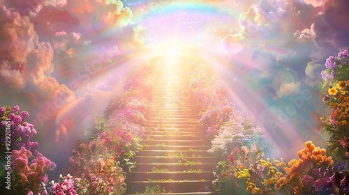 A celestial scene featuring a grand rainbow bridge leading to the light in the sky, The stairway is adorned with vibrant colors