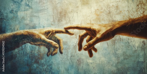 Modern or artistic interpretation of Michelangelo's "Creation of Adam" from the Sistine Chapel, depicting God's hand reaching out to touch Adam's hand. 