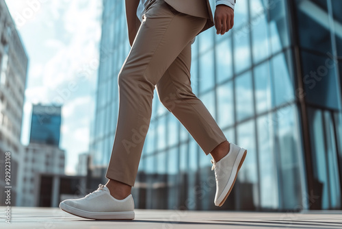 Businessman in Casual White Sneakers Walking in Urban Cityscape, Modern Attire