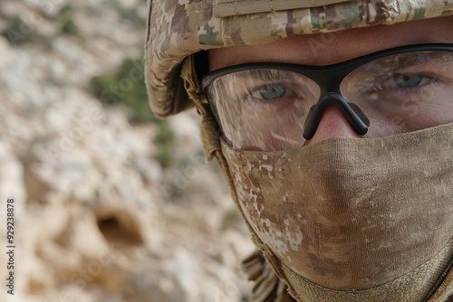 Soldier in camouflage uniform and protective eyewear