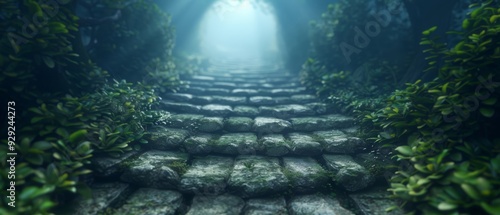  A stone pathway of steps winds through a verdant forest tunnel, culminating in a beacon of light at its end