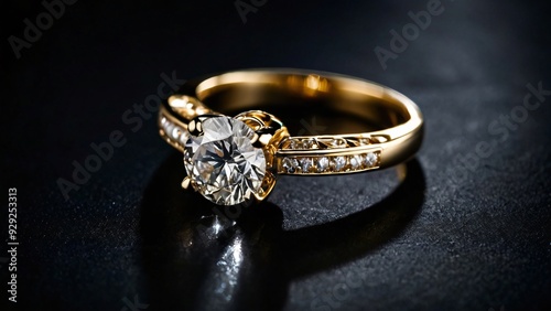 Elegant gold engagement ring with a sparkling diamond displayed on a dark surface