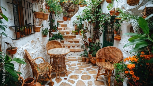  A sequence of actions culminating in a patio featuring wicker seating and plants arranged on both sides