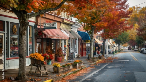 A picturesque street lined with vibrant autumn leaves, featuring quaint shops and blooming flowers in planters, capturing the essence of a small town in fall.