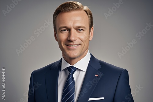 Portrait of a charismatic politician with a gentle smile and tailored suit, highlighting a serene expression against a neutral backdrop of professionalism