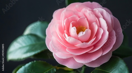 Close-up of a delicate pink camellia flower with soft petals and yellow center.