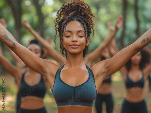 diverse group of women practicing outdoor yoga arms stretched skyward in unison serene park setting with lush greenery