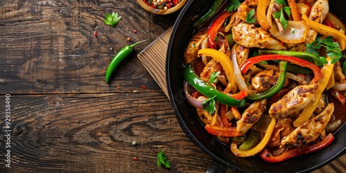 Chicken fajitas with fried chicken breast strips onions julienned green yellow and red bell peppers on a skillet on a dark wood table top view flat lay with close up and copy space