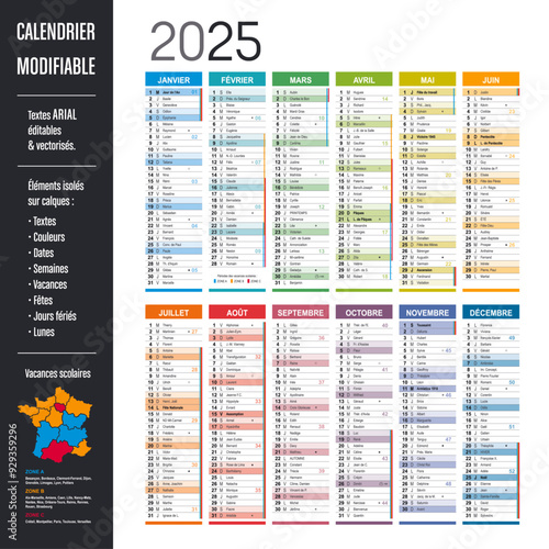 Calendrier Français 2025 modifiable France, éléments isolés sur calques, textes en Arial, éditables et vectorisés