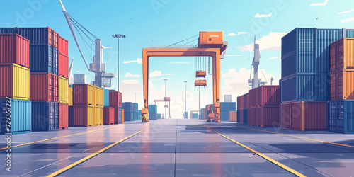 Empty freight terminal yard with aligned rows of cargo containers near loading cranes, flat illustration