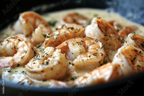 Close-up of mouthwatering shrimps simmering in a creamy sauce, seasoned with herbs and spices