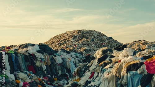 A vast heap of discarded fast fashion textiles fills a landfill under a glowing sunset