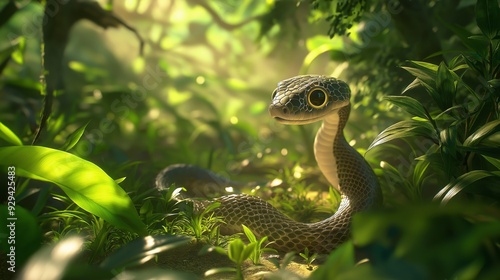 illustration of a cute baby anaconda slithering through a sunlit jungle floor with lush green vegetation