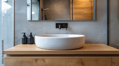 Small bathroom with white porcelain sink on wooden cabinet and frameless square mirror : Generative AI