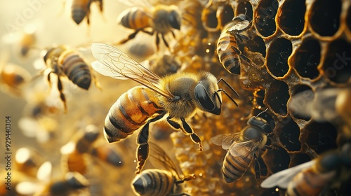 Honeybee hive with bees actively working, representing the complex social structure of insect colonies.